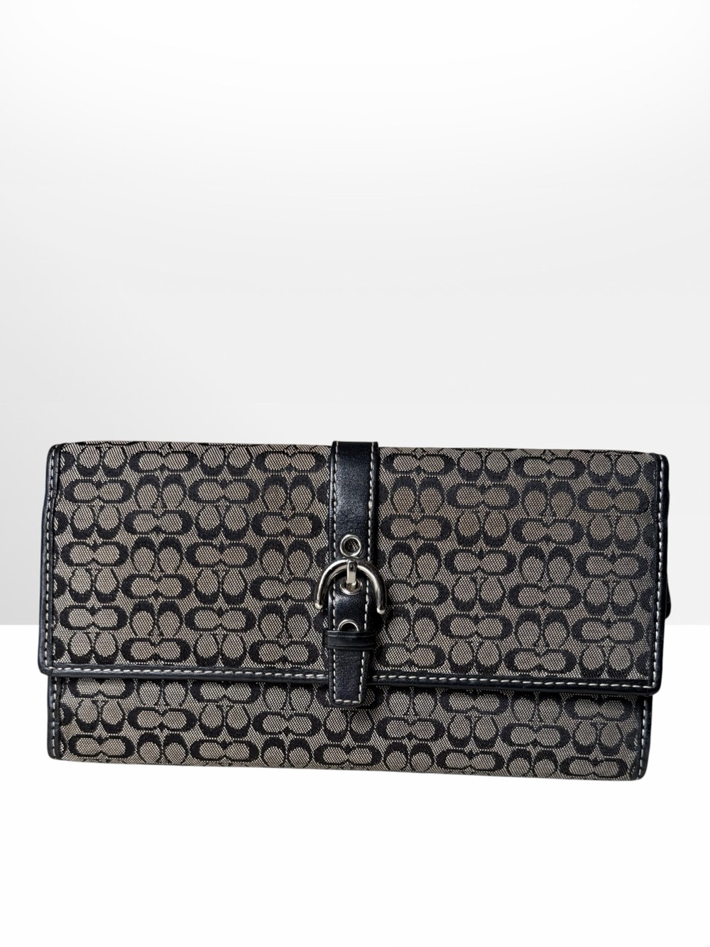 Coach Vintage Signature Jacquard Trifold Buckle Wallet Black Gray Monogram